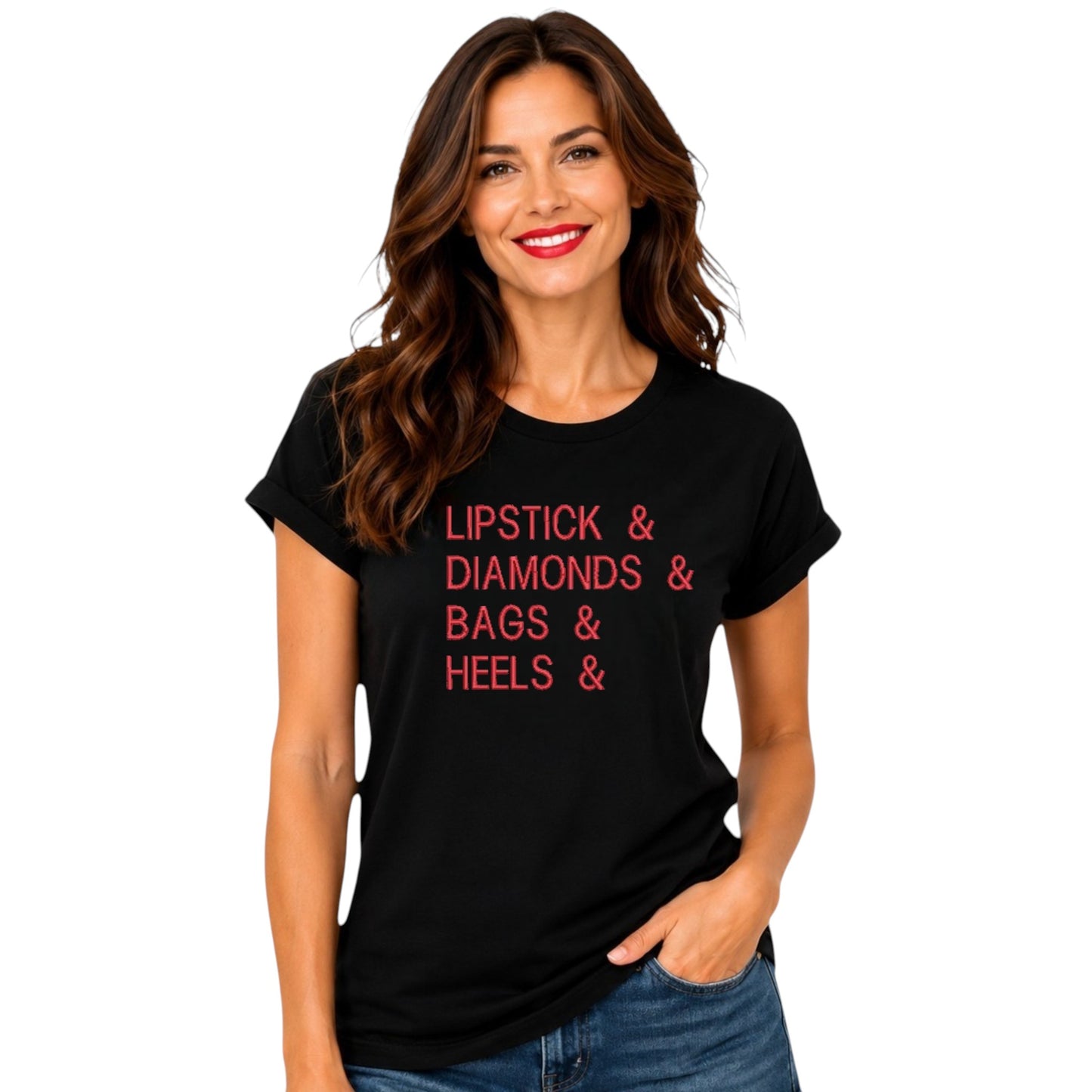 Lipstick, Diamonds, Bags, Heels Casual Tshirt available in 5 colours.