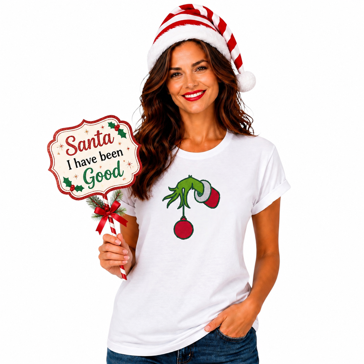 Grinch Hand with Glitter Bauble Tshirt