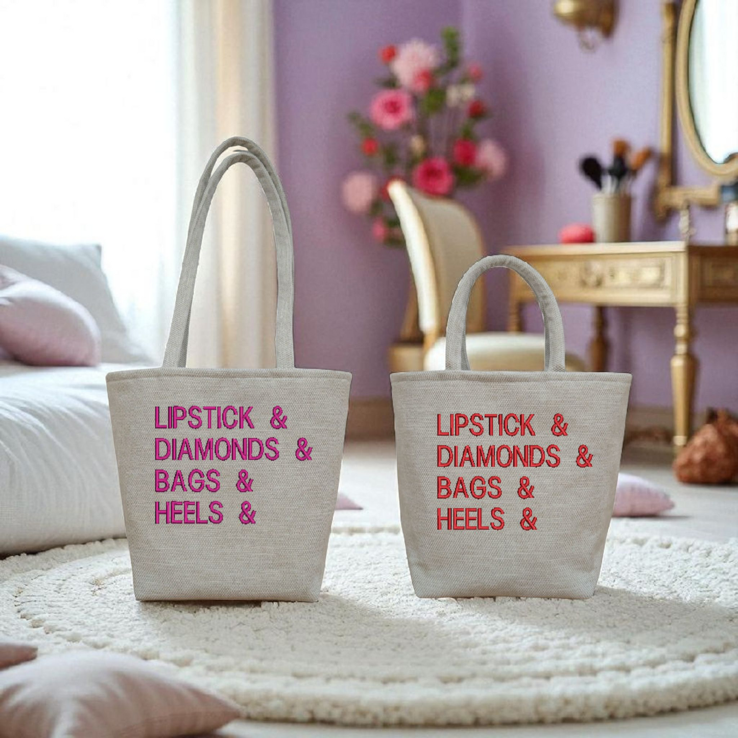 Lipstick & Diamonds & Bags & Heels Tote Bag, available in 2 embroidered colours