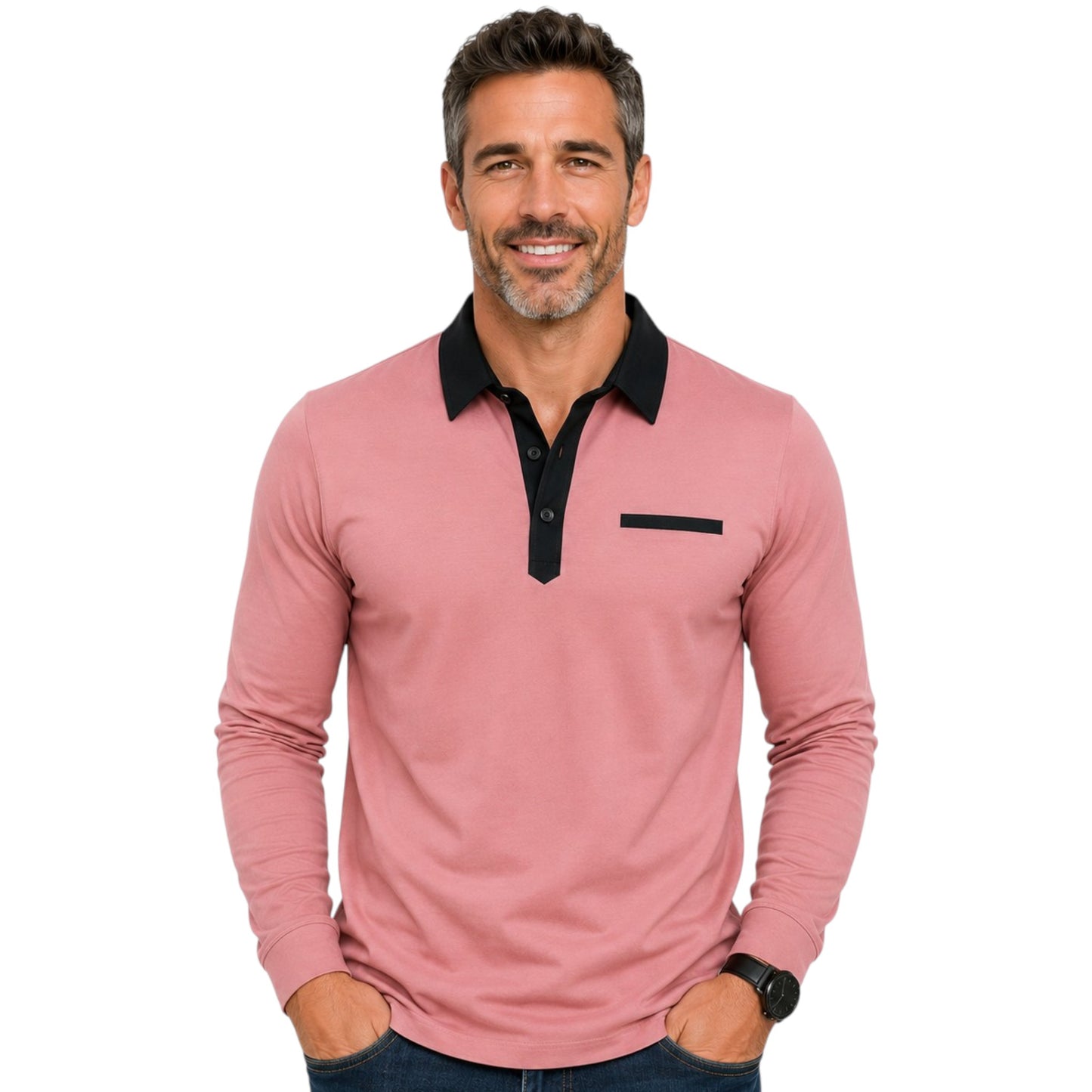 Contrast Collar Long Sleeve Button Up Polo Shirt Available in 6 Colours