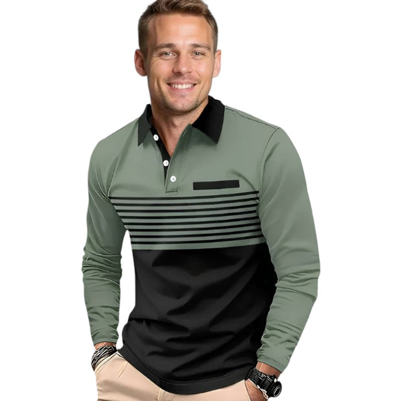 Men's Long Sleeve 2 Toned Collared Polo Shirt with Pin Stripe Detailing Available in 5 Colours