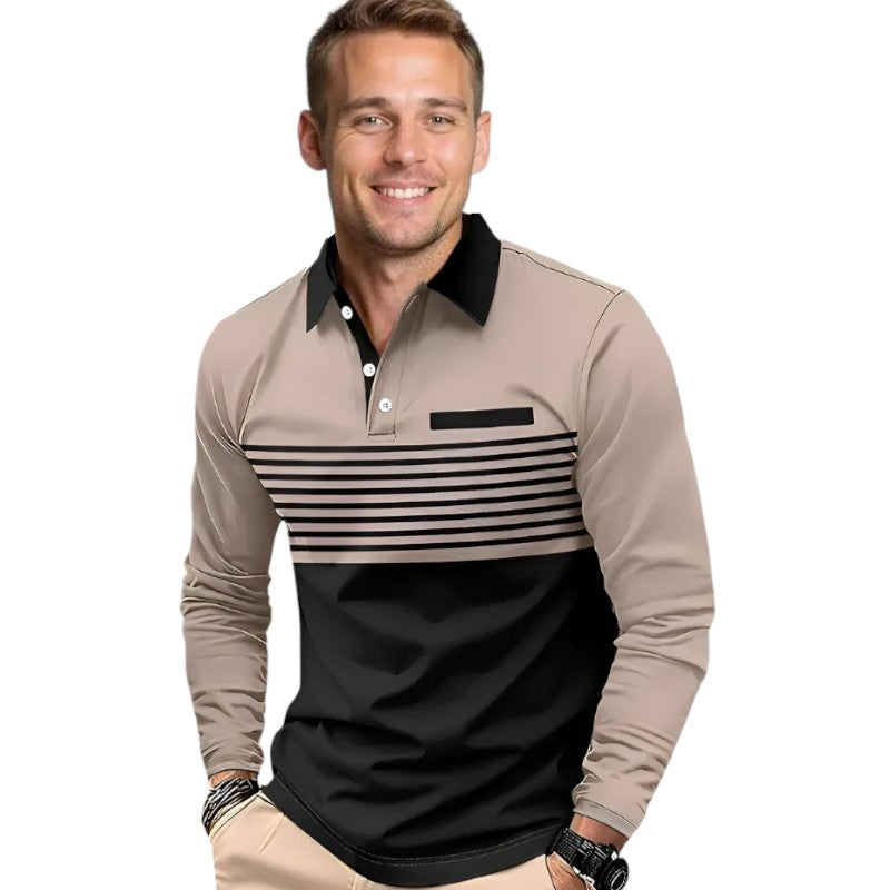 Men's Long Sleeve 2 Toned Collared Polo Shirt with Pin Stripe Detailing Available in 5 Colours