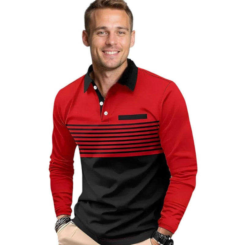 Men's Long Sleeve 2 Toned Collared Polo Shirt with Pin Stripe Detailing Available in 5 Colours