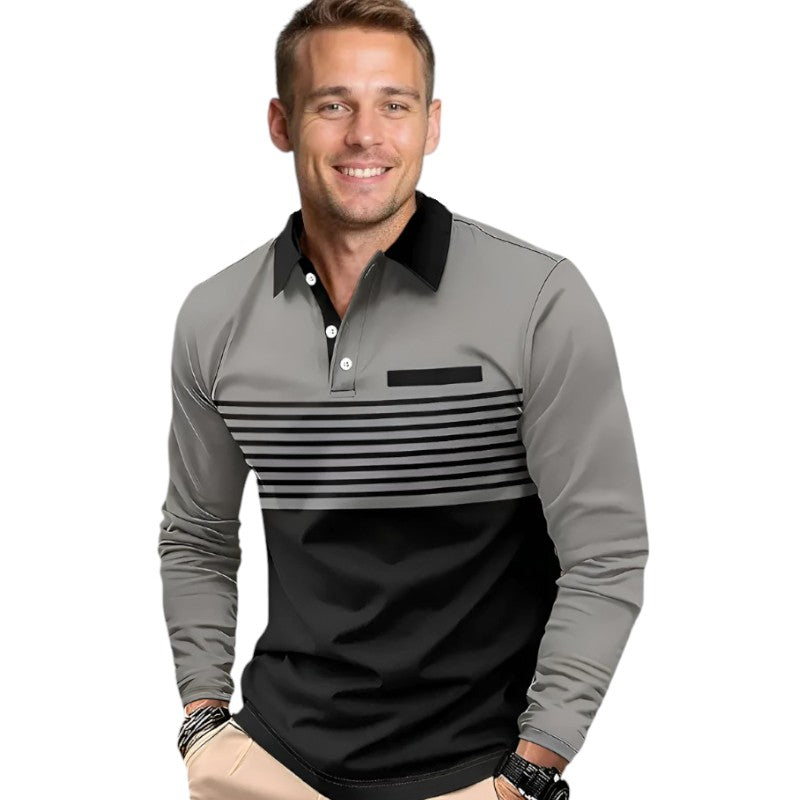 Men's Long Sleeve 2 Toned Collared Polo Shirt with Pin Stripe Detailing Available in 5 Colours