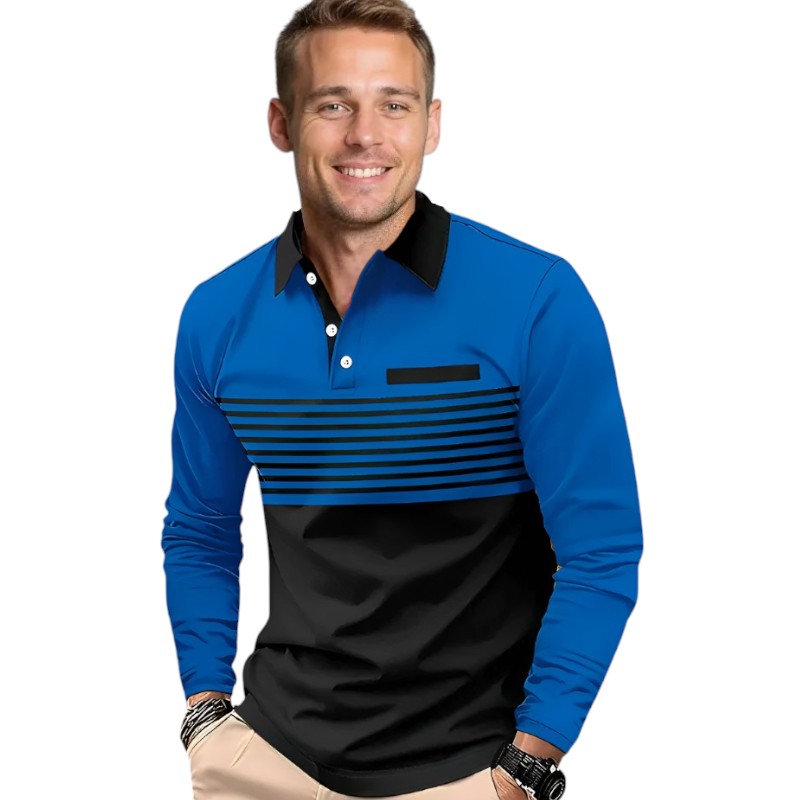 Men's Long Sleeve 2 Toned Collared Polo Shirt with Pin Stripe Detailing Available in 5 Colours