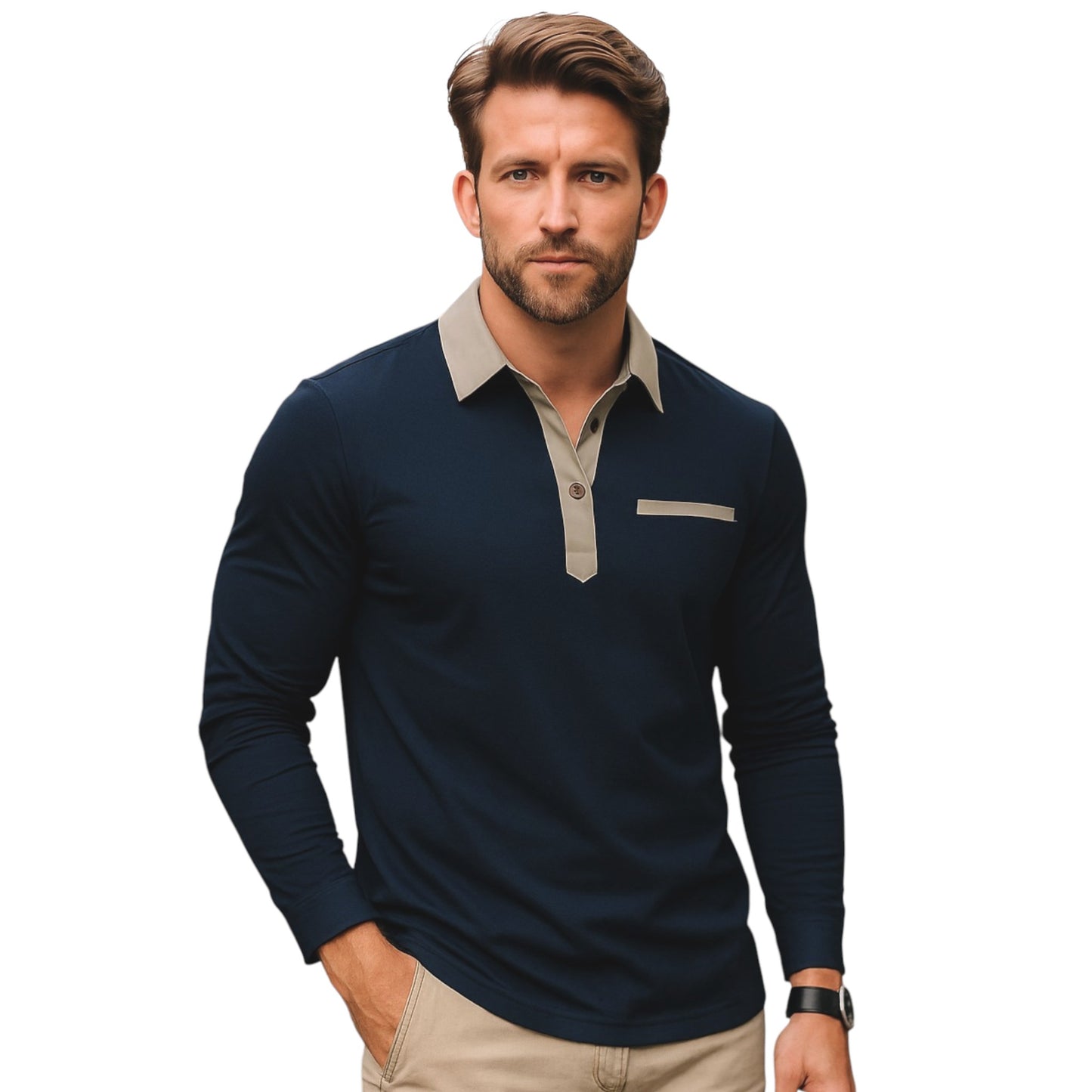 Contrast Collar Long Sleeve Button Up Polo Shirt Available in 6 Colours