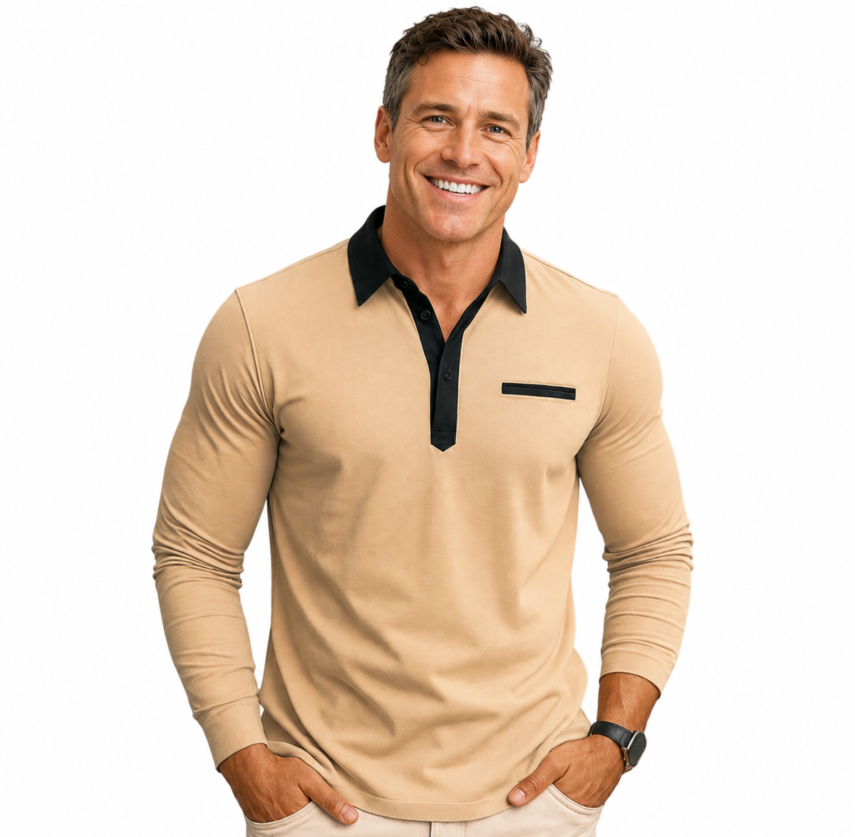 Contrast Collar Long Sleeve Button Up Polo Shirt Available in 6 Colours