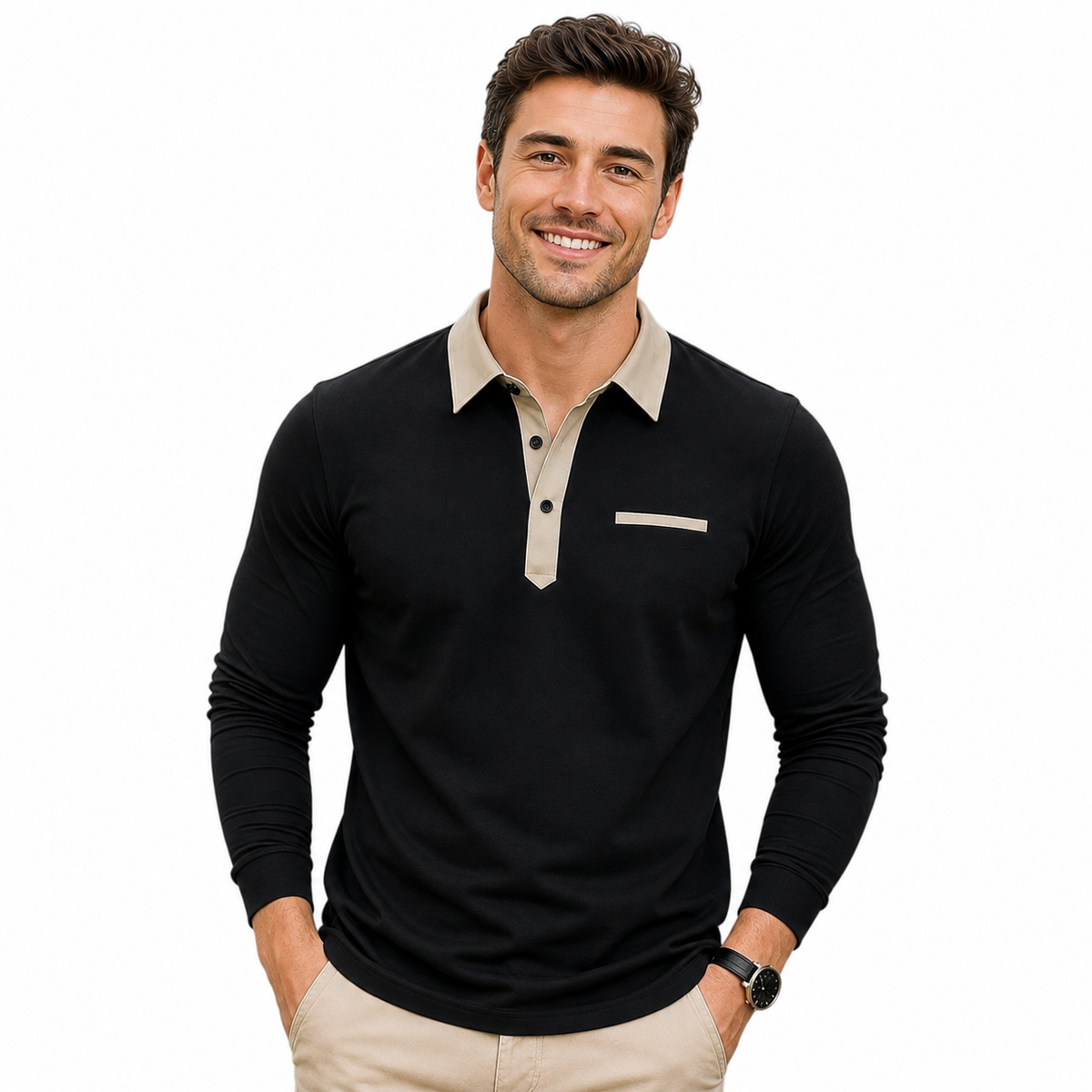 Contrast Collar Long Sleeve Button Up Polo Shirt Available in 6 Colours