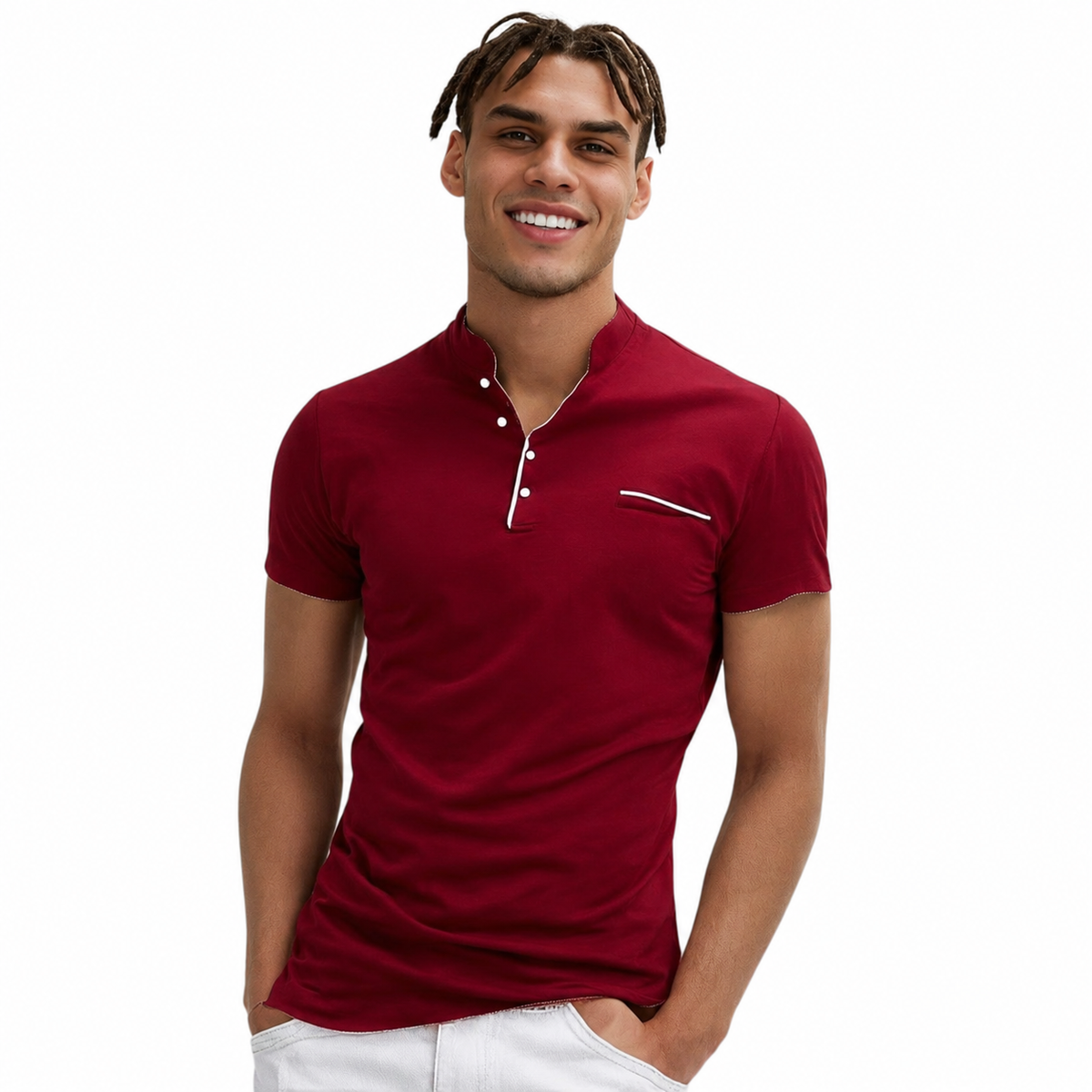 Polo Shirt with Fashion Detailing, Short Sleeve with Stand Collar Available in 6 Colours