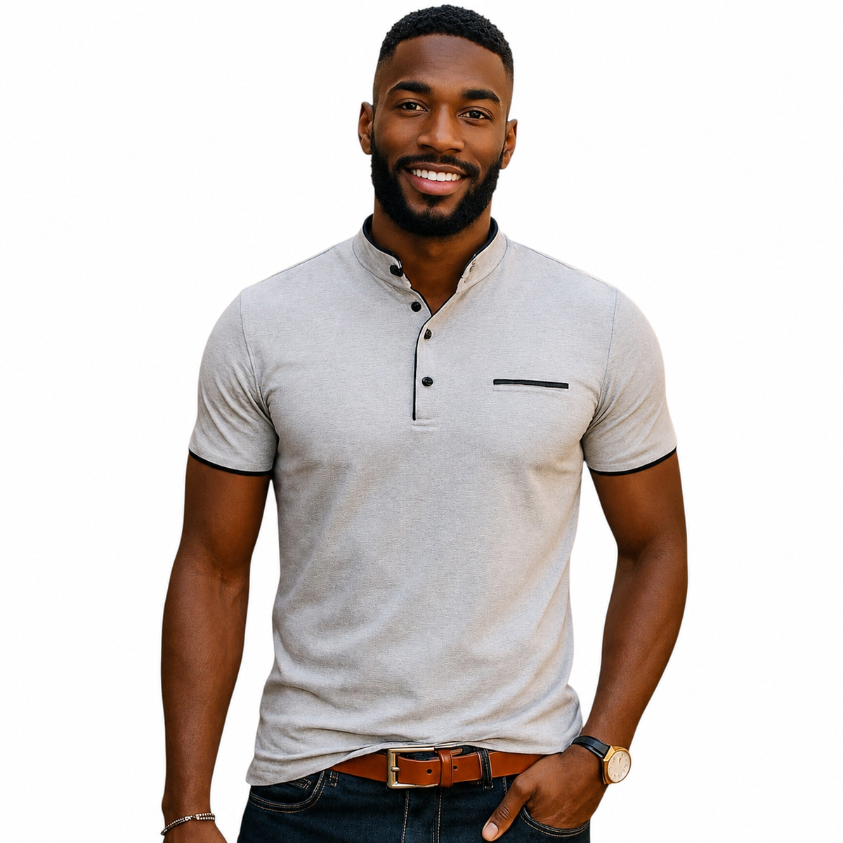 Polo Shirt with Fashion Detailing, Short Sleeve with Stand Collar Available in 6 Colours