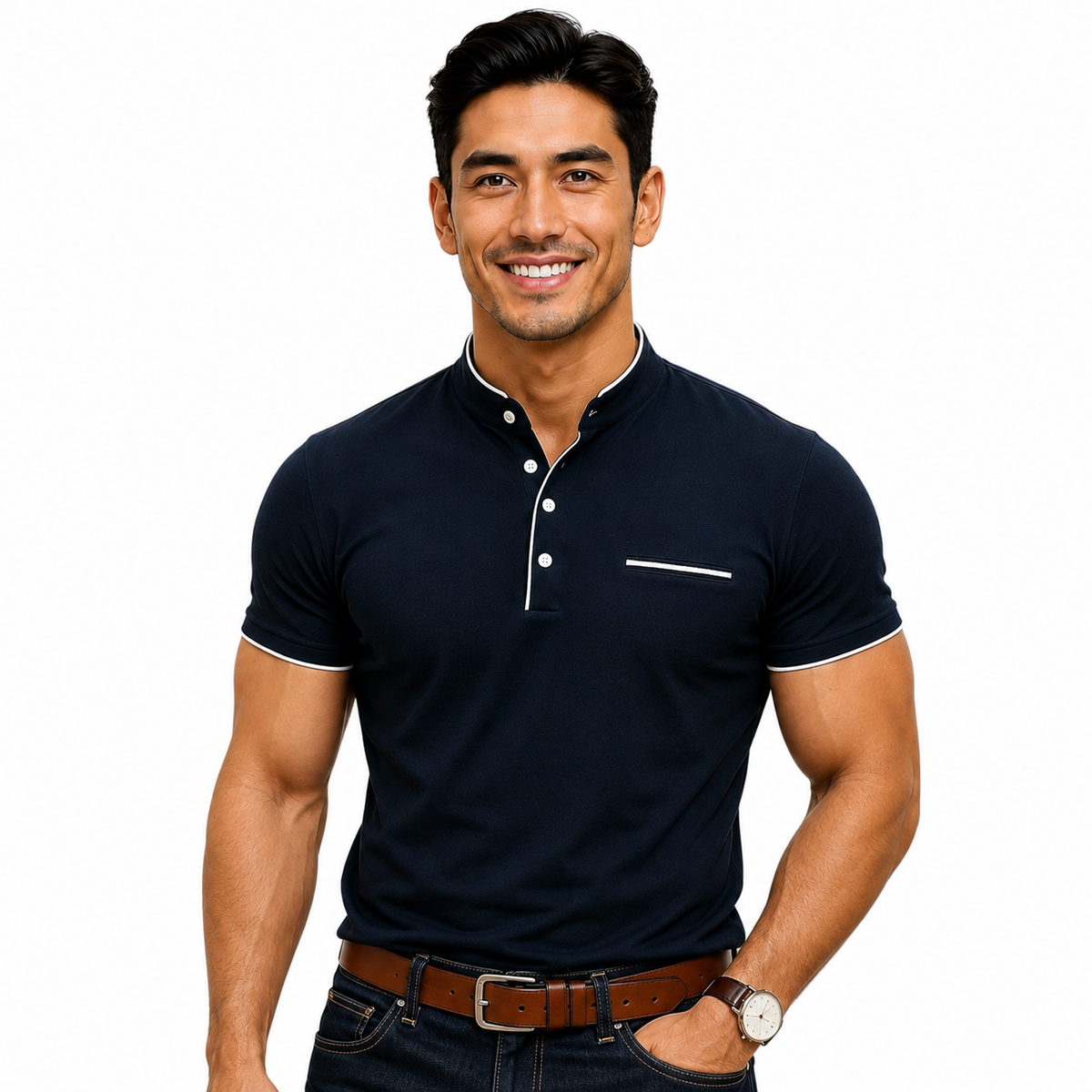 Polo Shirt with Fashion Detailing, Short Sleeve with Stand Collar Available in 6 Colours