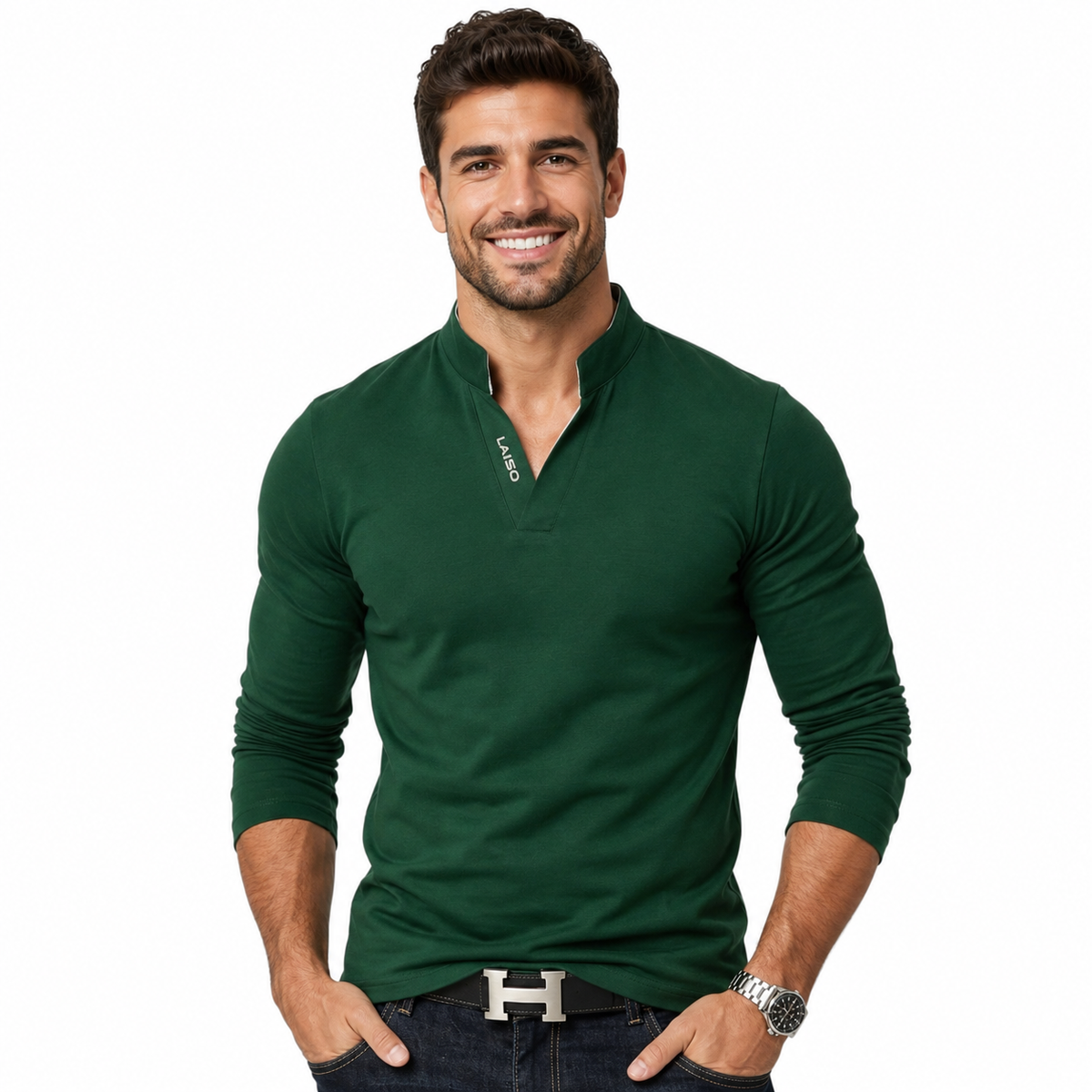 Slim Fit, Long Sleeve Top with stand Collar Available in 5 Colours