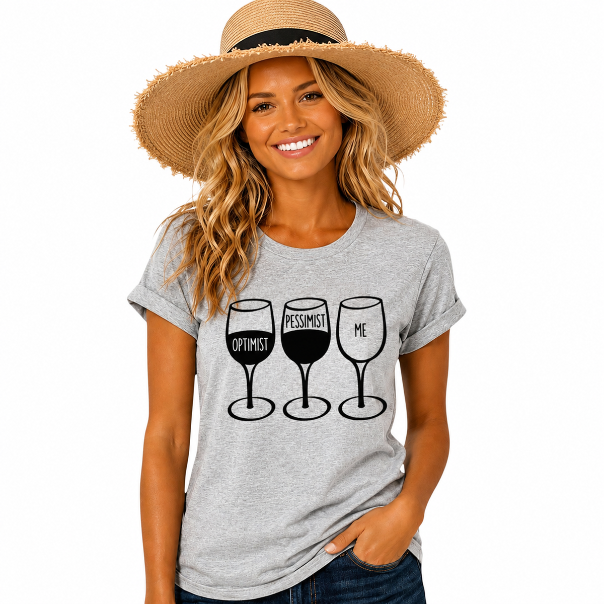 Wine Goblet Pessimist Casual Tshirt. Available in 3 Colours