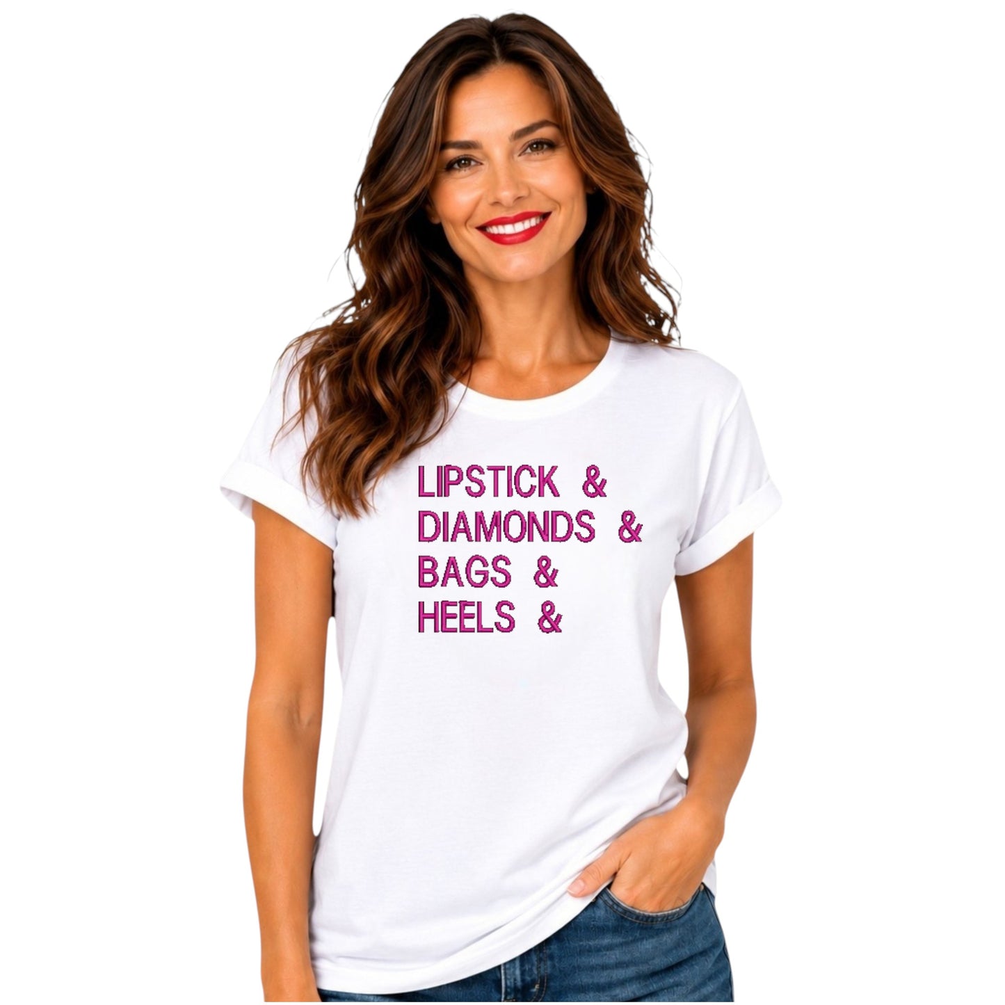 Lipstick, Diamonds, Bags, Heels Casual Tshirt available in 5 colours.