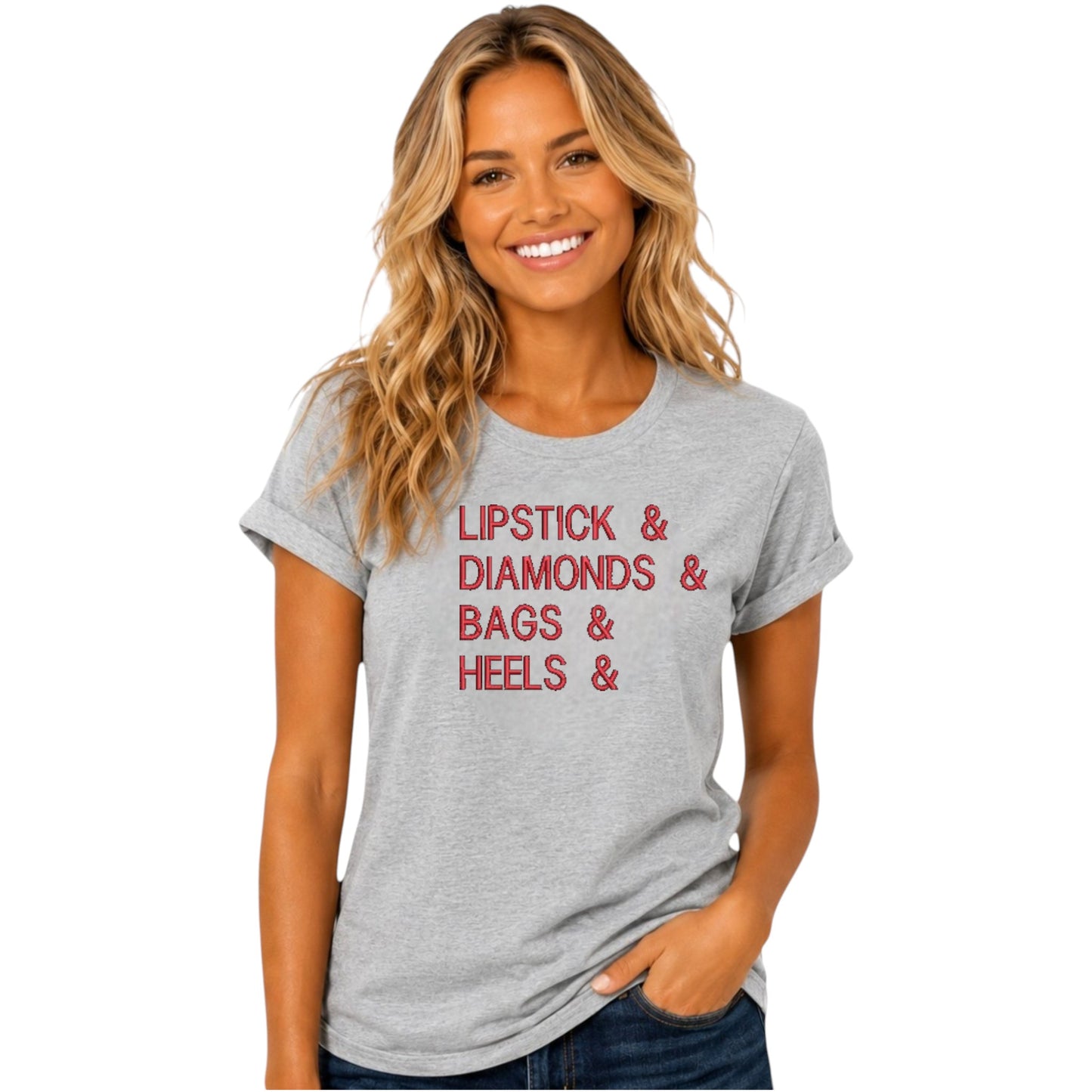 Lipstick, Diamonds, Bags, Heels Casual Tshirt available in 5 colours.