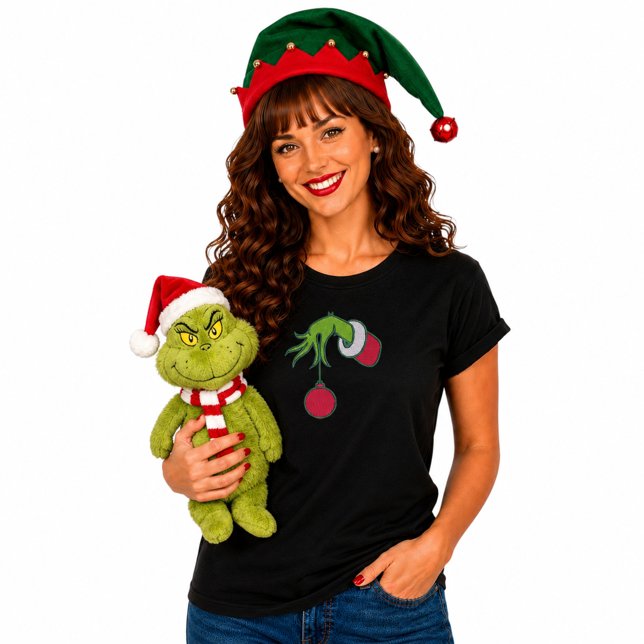 Grinch Hand with Glitter Bauble Tshirt