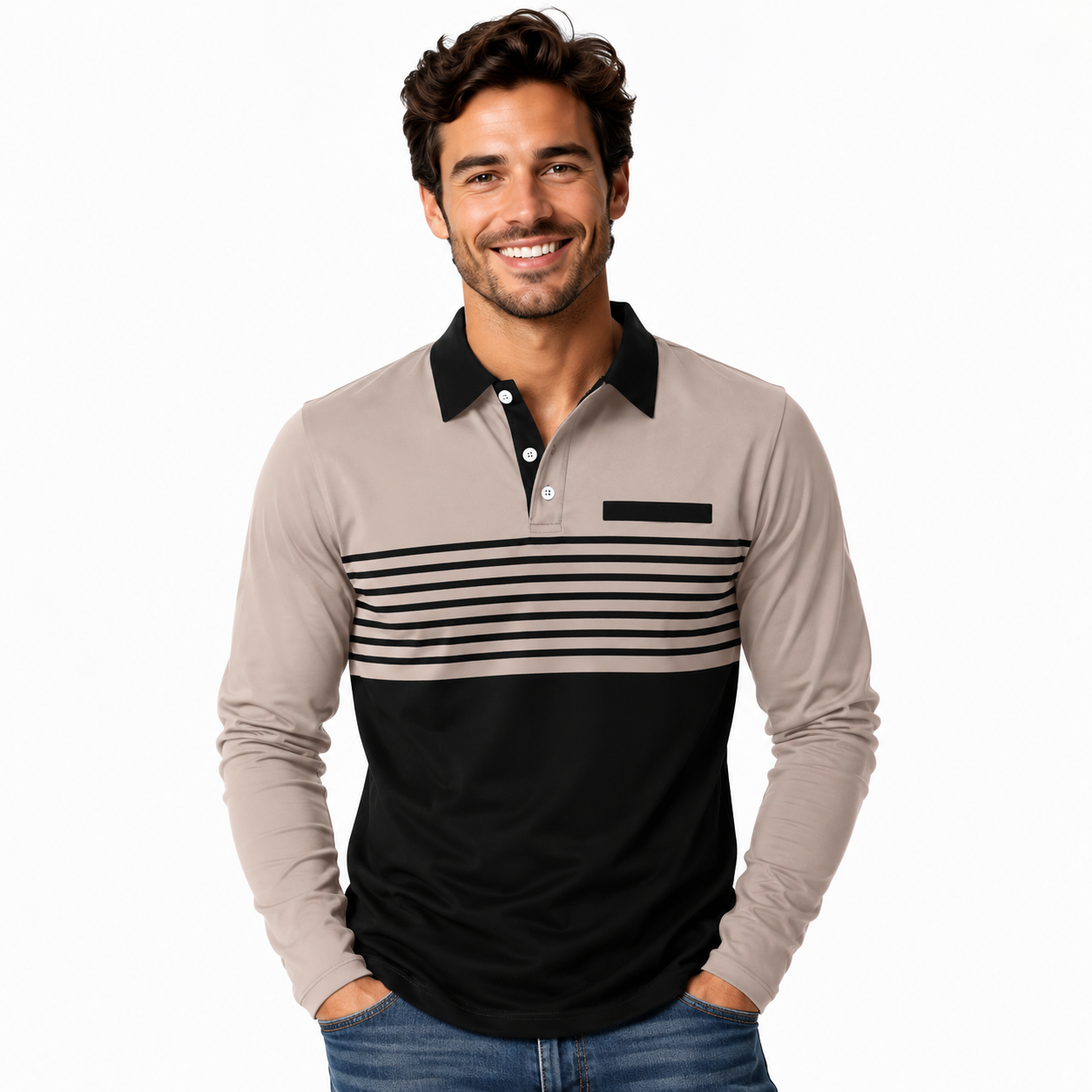 Men's Long Sleeve 2 Toned Collared Polo Shirt with Pin Stripe Detailing Available in 5 Colours