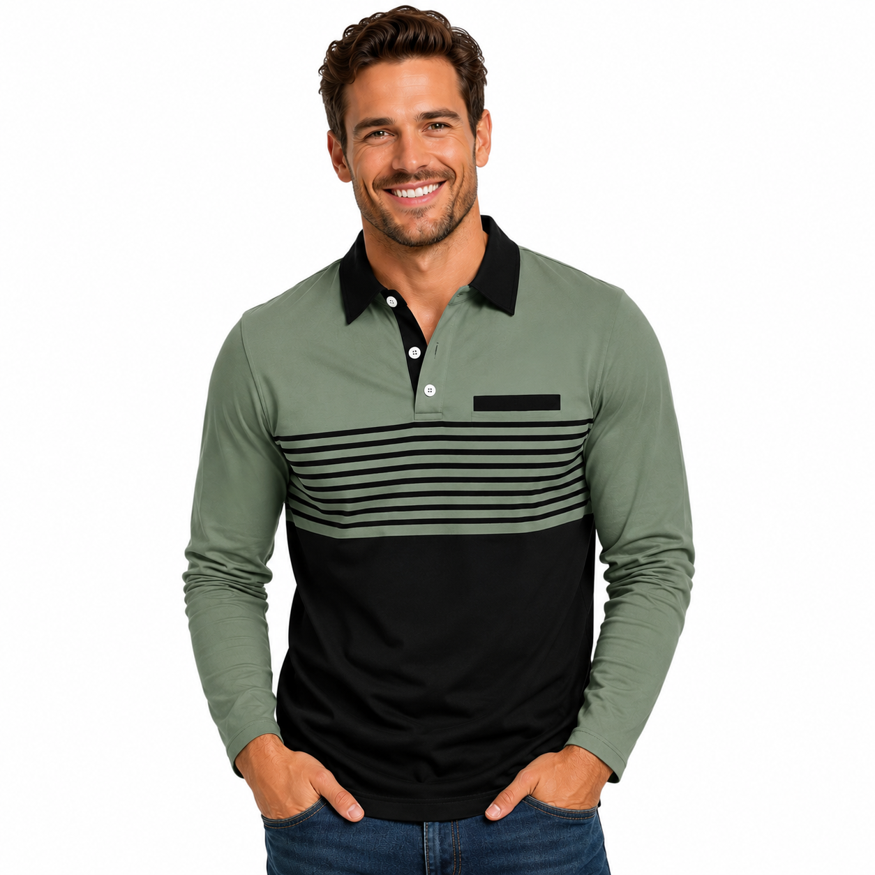 Men's Long Sleeve 2 Toned Collared Polo Shirt with Pin Stripe Detailing Available in 5 Colours