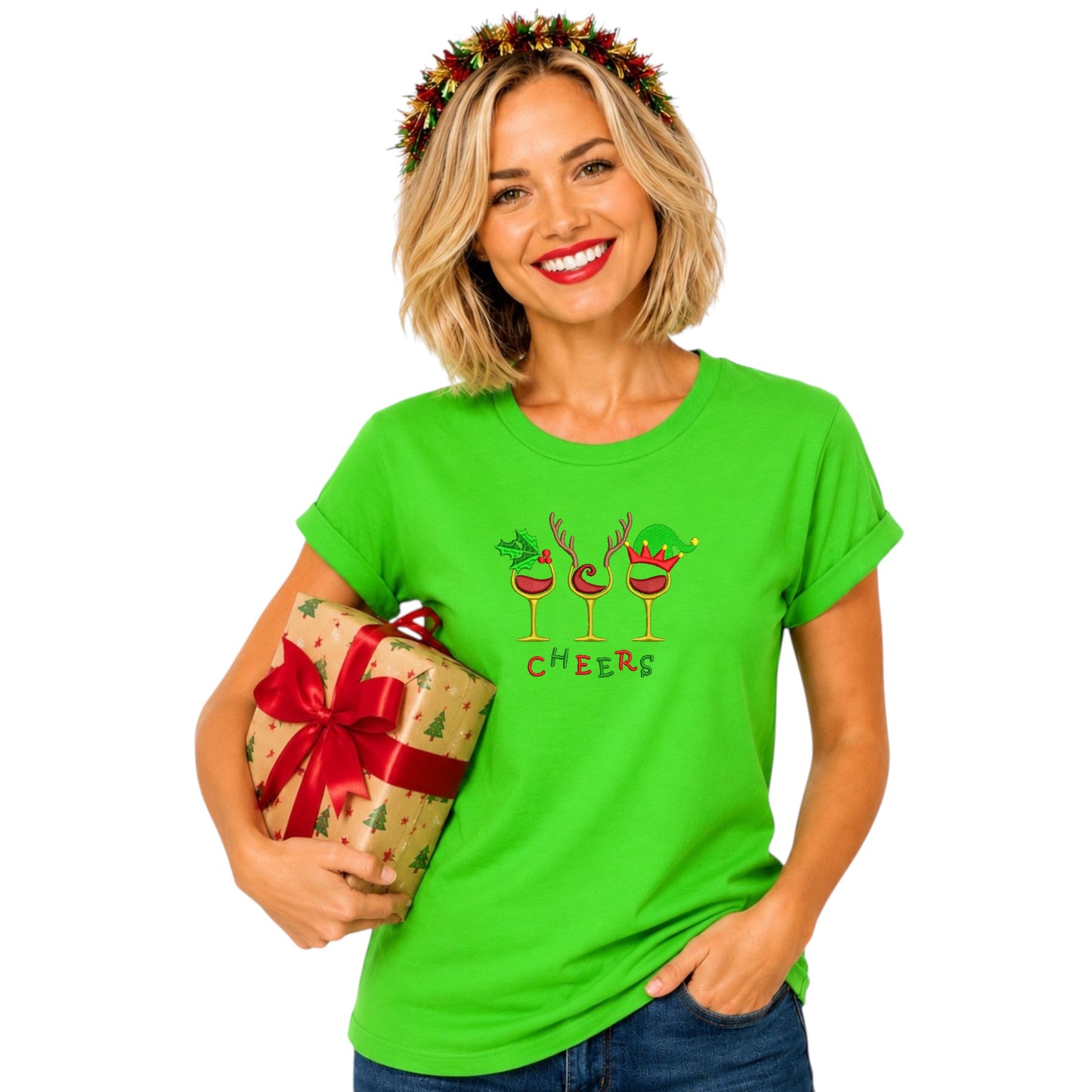 “Cheers” Christmas Embroidered Tee – Festive Holiday T-Shirt Ladies