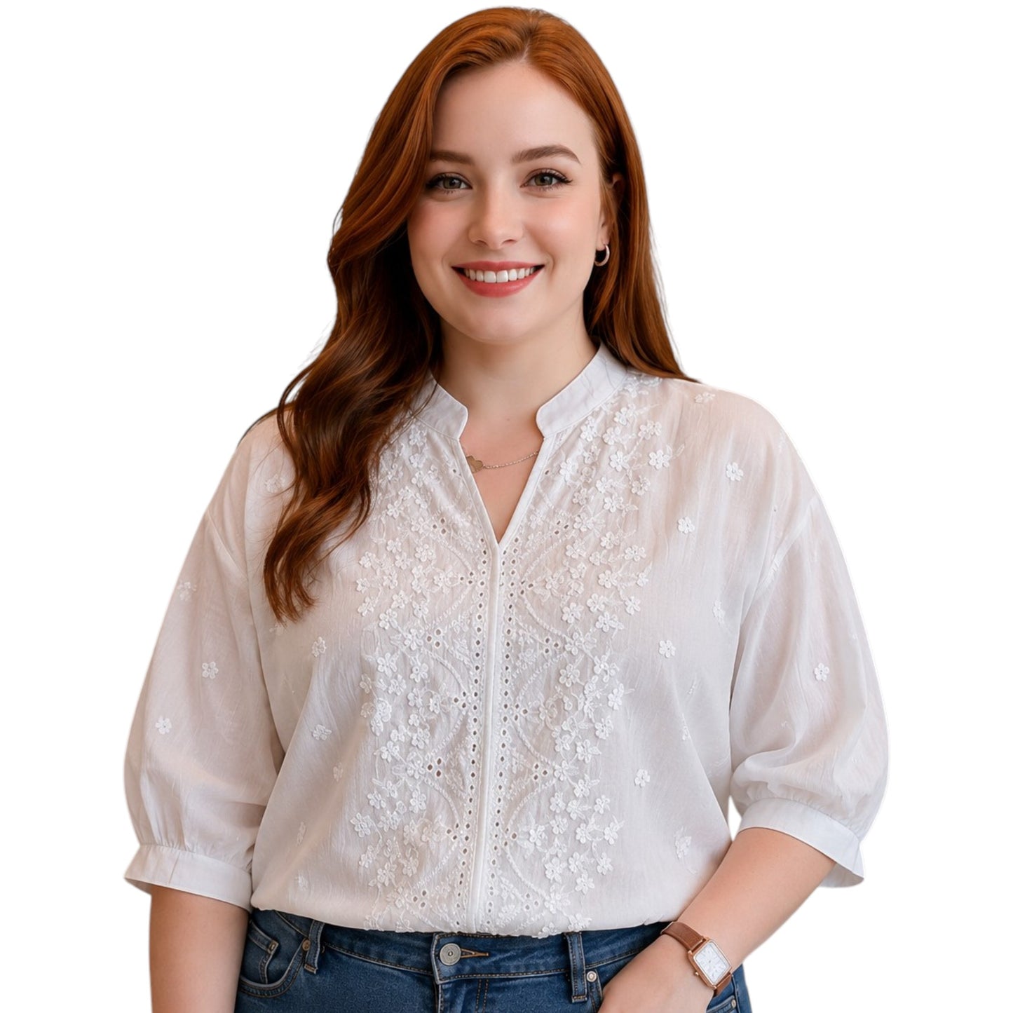 Elegant V-neck Short Sleeve White Embroidered Top
