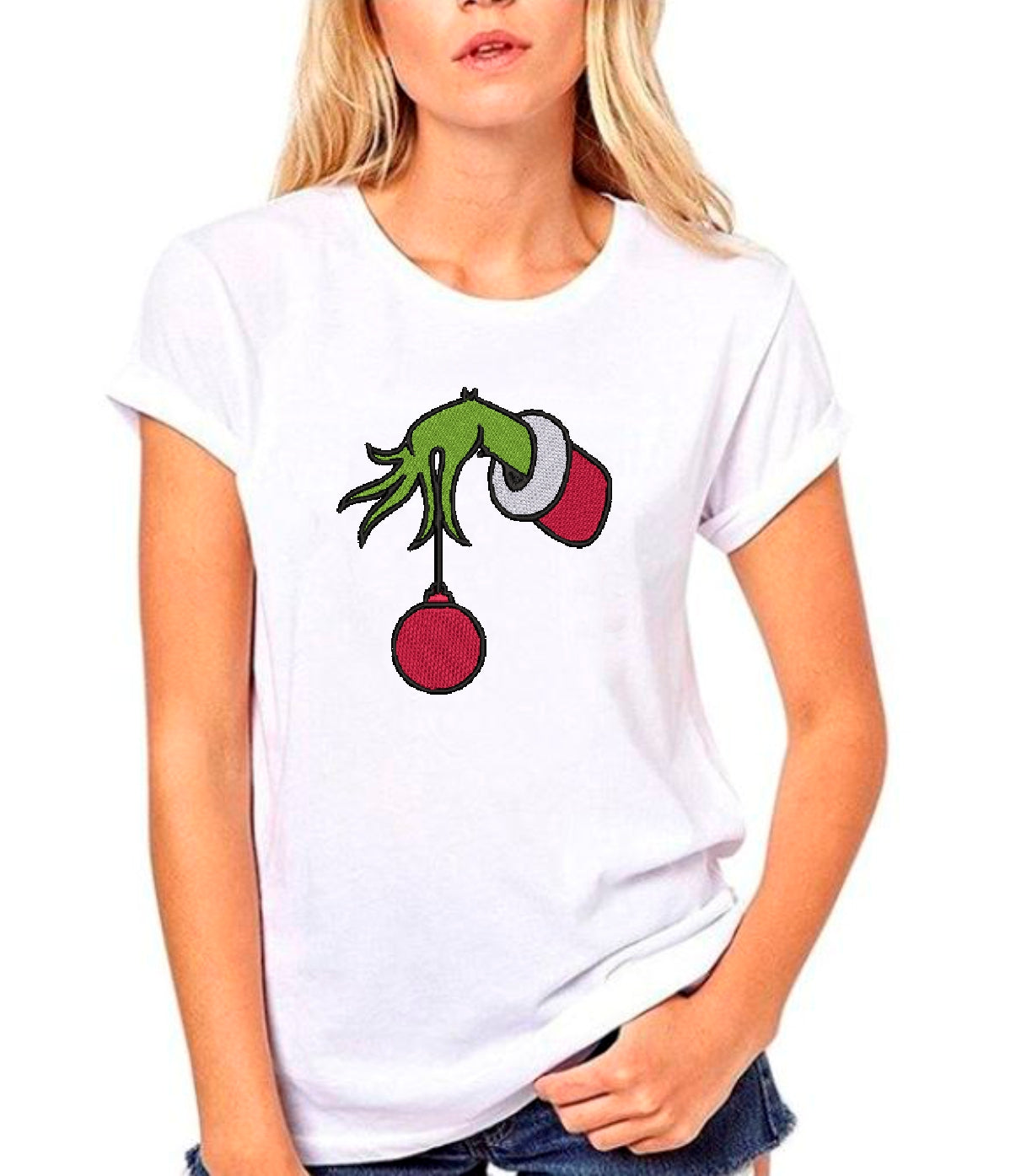 Grinch Hand with Glitter Bauble Tshirt