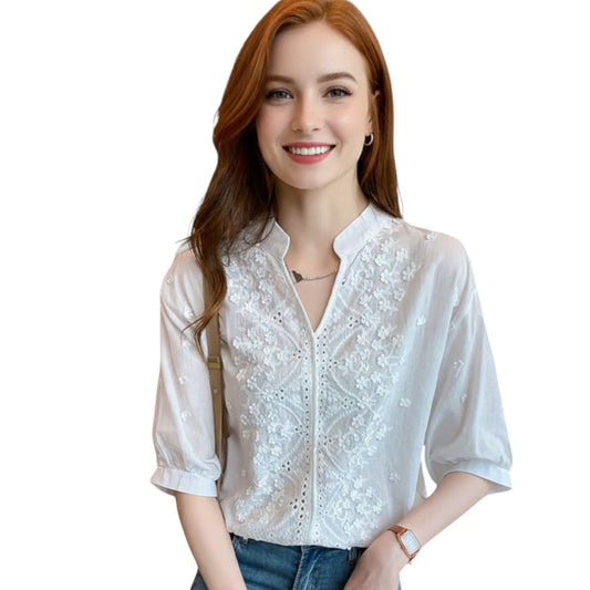 Elegant V-neck Short Sleeve White Embroidered Top