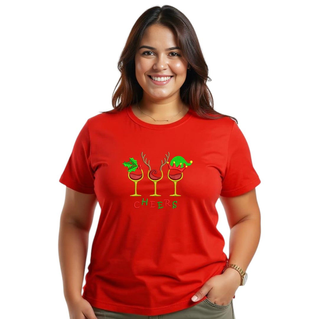 “Cheers” Christmas Embroidered Tee – Festive Holiday T-Shirt Ladies