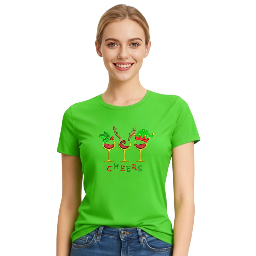 “Cheers” Christmas Embroidered Tee – Festive Holiday T-Shirt Ladies