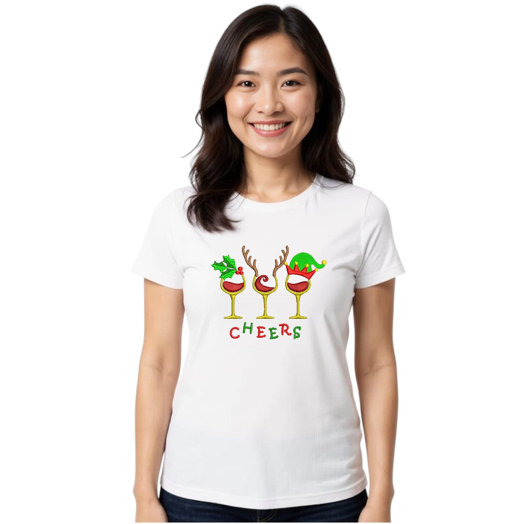 “Cheers” Christmas Embroidered Tee – Festive Holiday T-Shirt Ladies