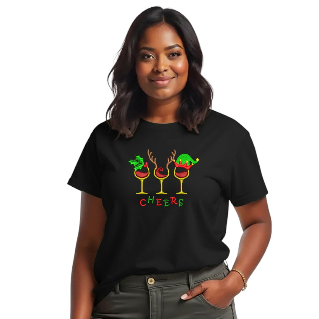 “Cheers” Christmas Embroidered Tee – Festive Holiday T-Shirt Ladies