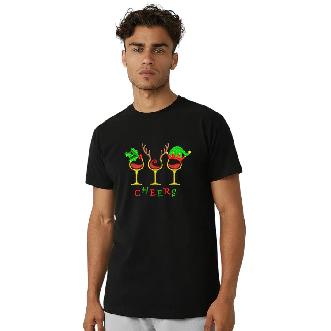 “Cheers” Christmas Embroidered Tee – Festive Holiday T-Shirt - Mens