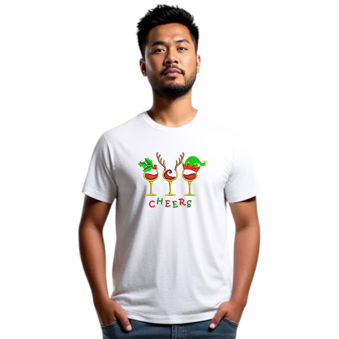 “Cheers” Christmas Embroidered Tee – Festive Holiday T-Shirt - Mens