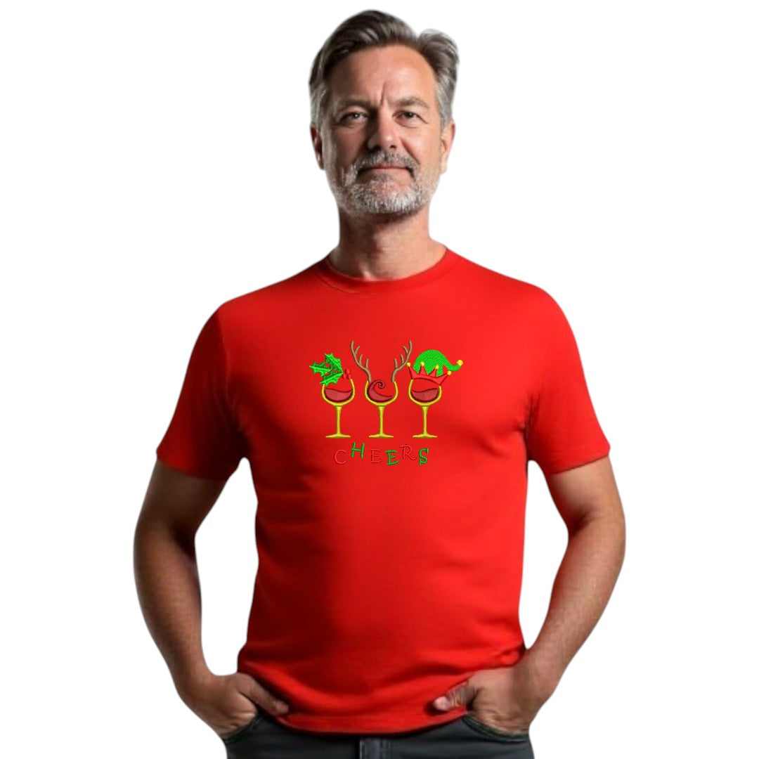 “Cheers” Christmas Embroidered Tee – Festive Holiday T-Shirt - Mens