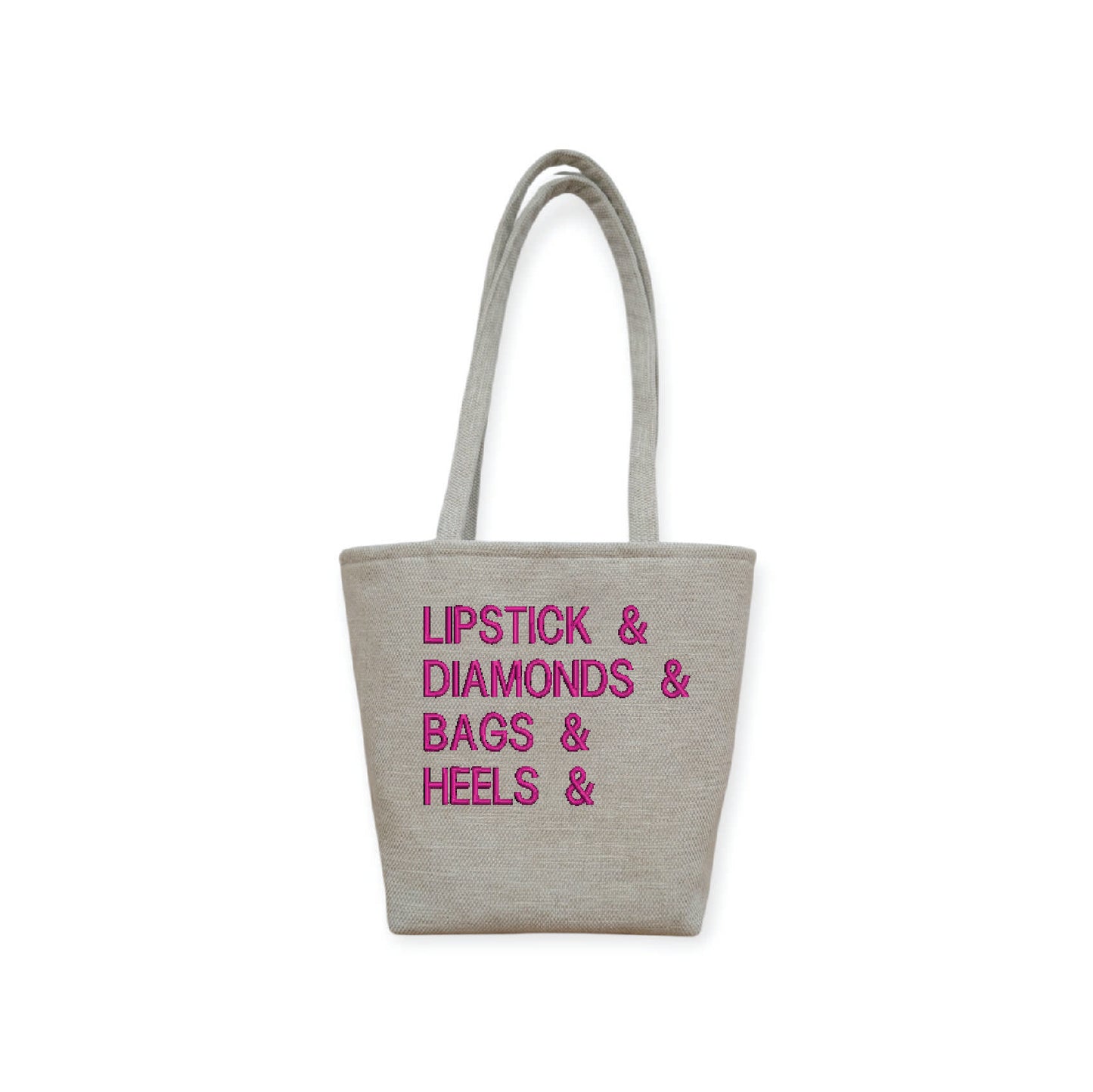 Lipstick & Diamonds & Bags & Heels Tote Bag, available in 2 embroidered colours