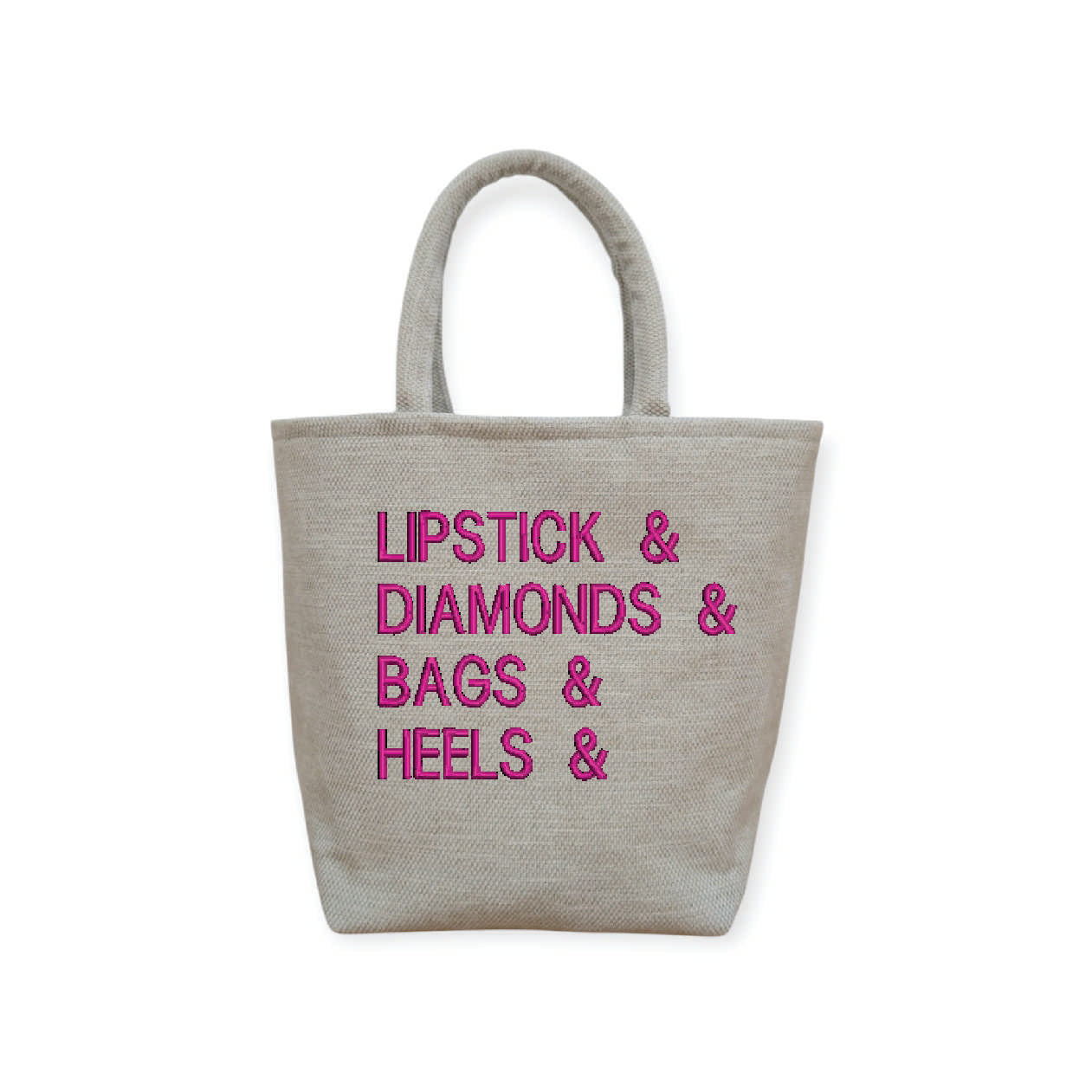 Lipstick & Diamonds & Bags & Heels Tote Bag, available in 2 embroidered colours