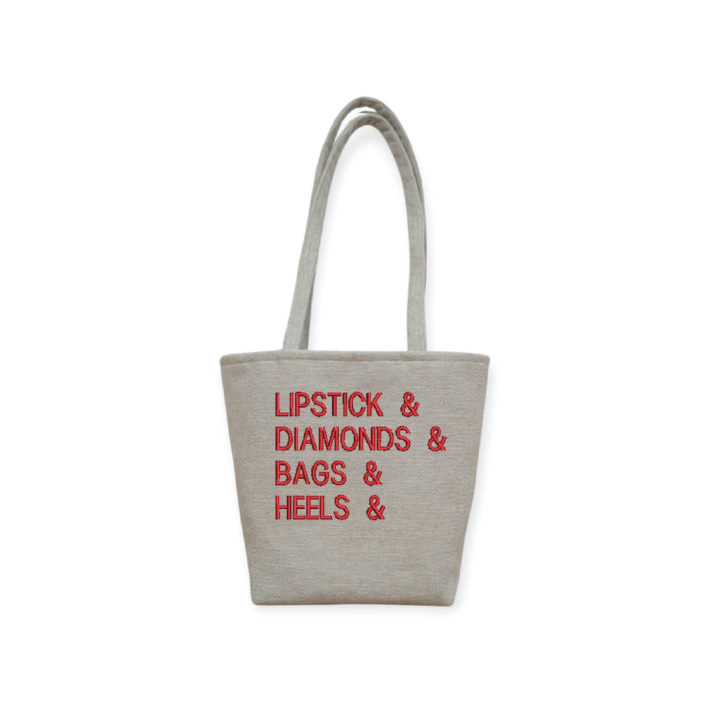 Lipstick & Diamonds & Bags & Heels Tote Bag, available in 2 embroidered colours