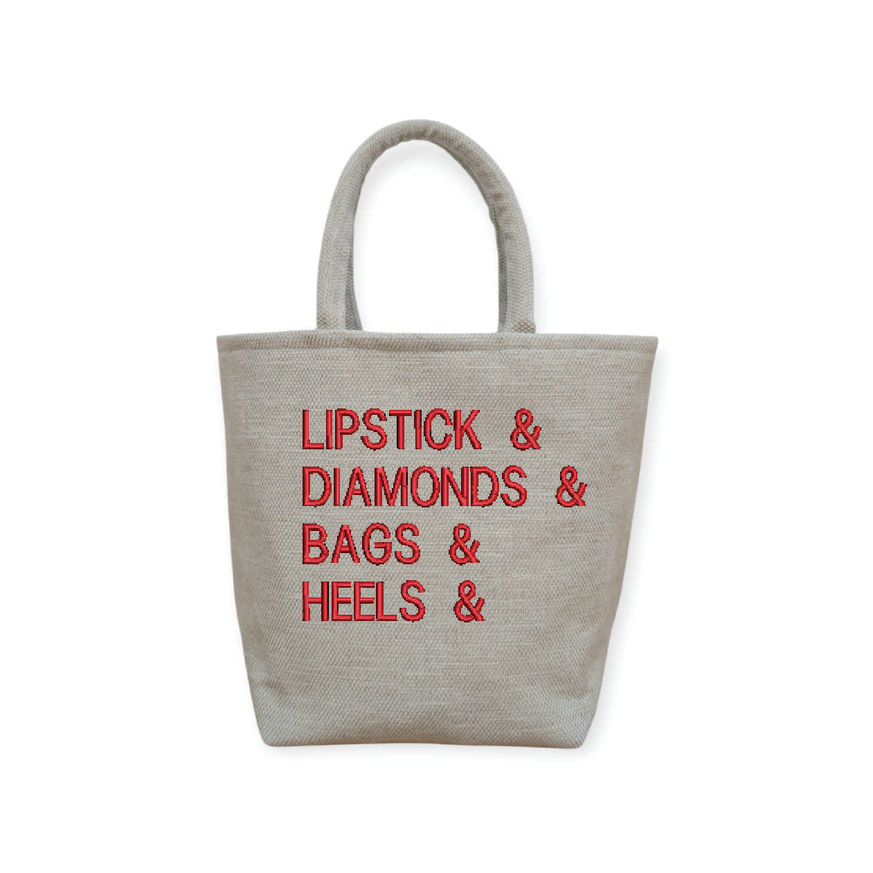 Lipstick & Diamonds & Bags & Heels Tote Bag, available in 2 embroidered colours
