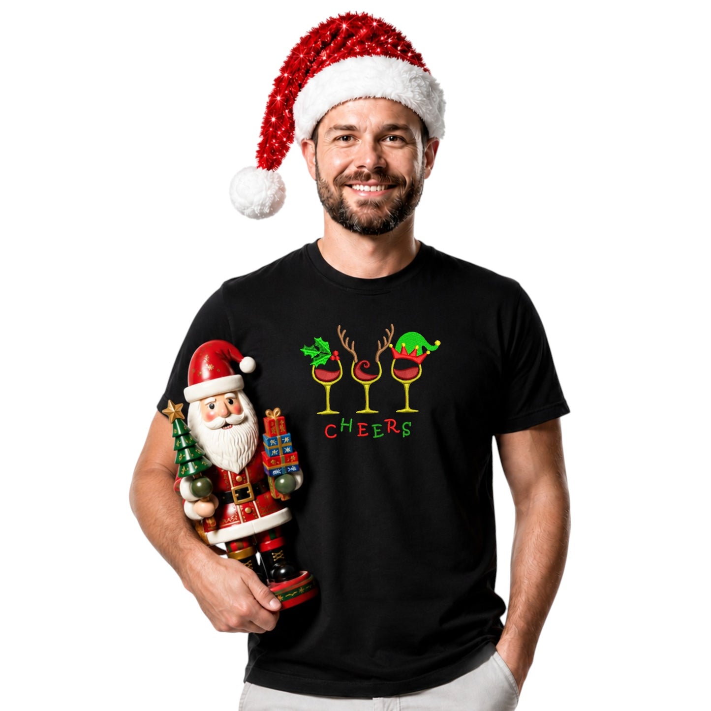 “Cheers” Christmas Embroidered Tee – Festive Holiday T-Shirt - Mens