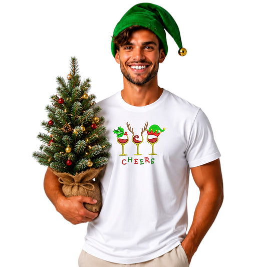 “Cheers” Christmas Embroidered Tee – Festive Holiday T-Shirt - Mens