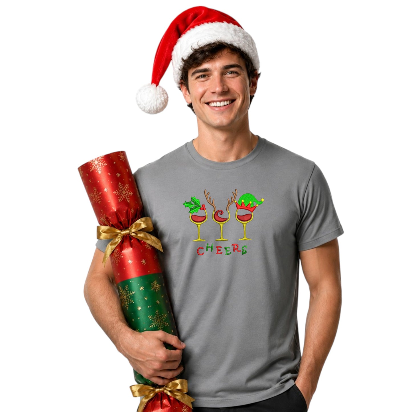 “Cheers” Christmas Embroidered Tee – Festive Holiday T-Shirt - Mens