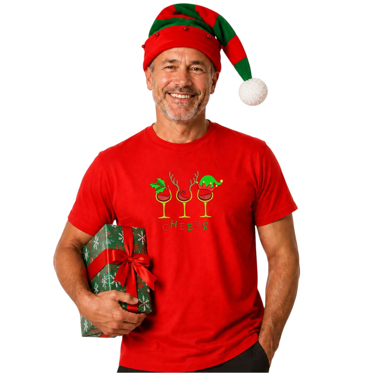 “Cheers” Christmas Embroidered Tee – Festive Holiday T-Shirt - Mens