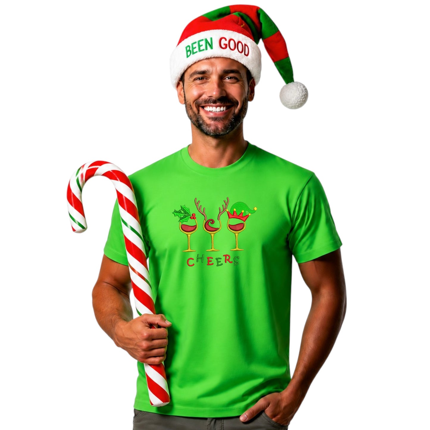 “Cheers” Christmas Embroidered Tee – Festive Holiday T-Shirt - Mens