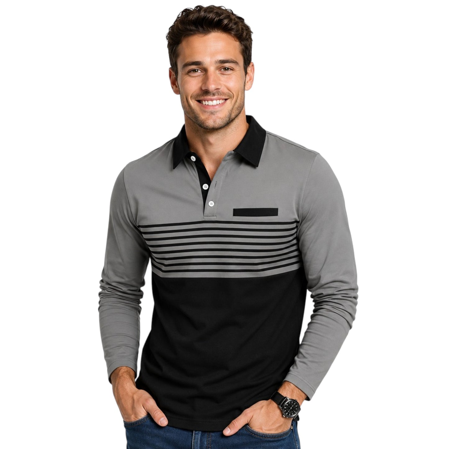 Men's Long Sleeve 2 Toned Collared Polo Shirt with Pin Stripe Detailing Available in 5 Colours