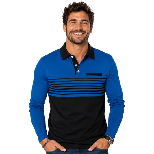 Men's Long Sleeve 2 Toned Collared Polo Shirt with Pin Stripe Detailing Available in 5 Colours