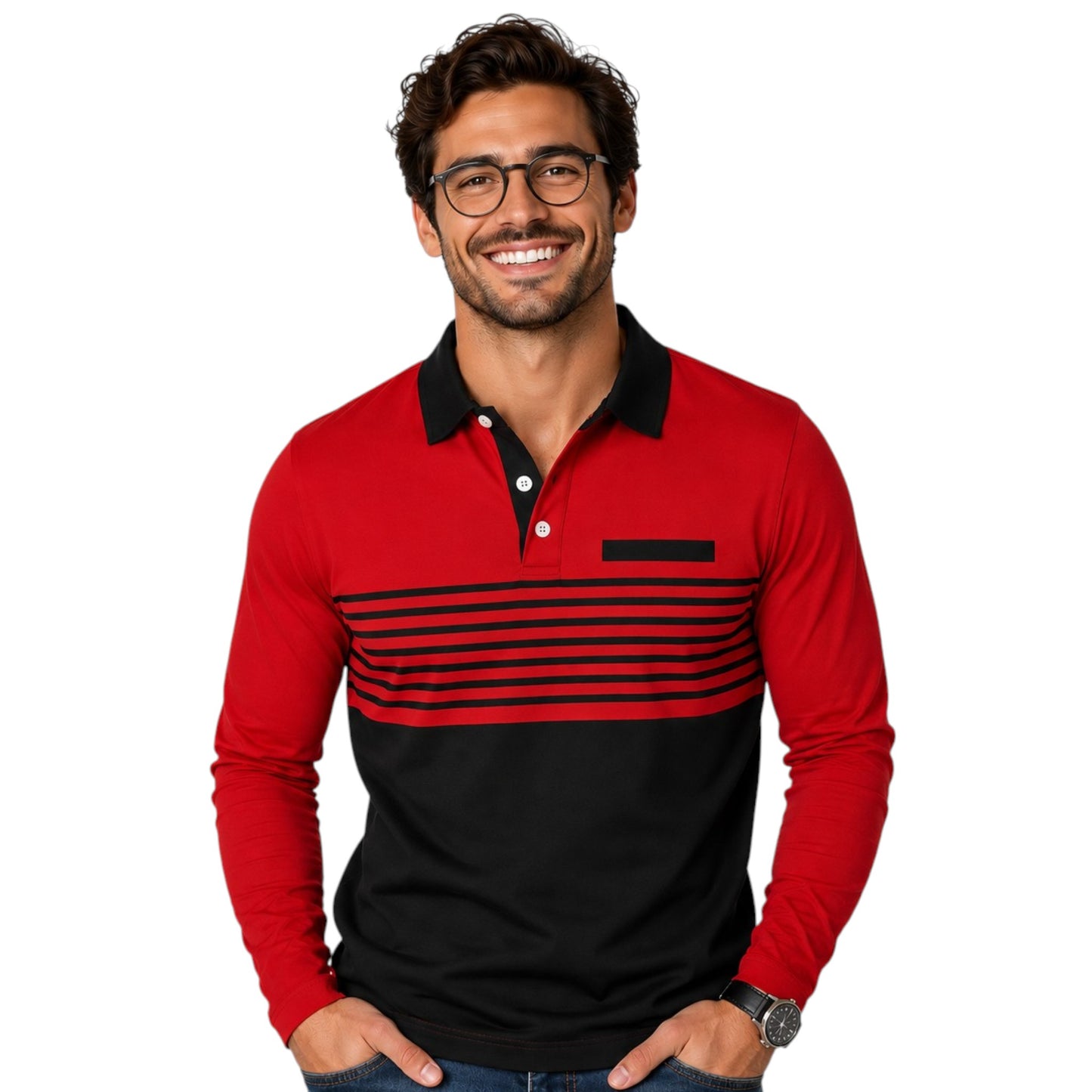Men's Long Sleeve 2 Toned Collared Polo Shirt with Pin Stripe Detailing Available in 5 Colours