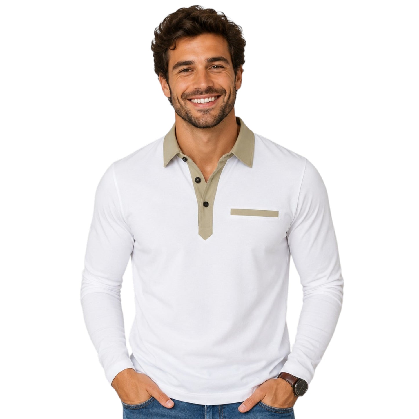Contrast Collar Long Sleeve Button Up Polo Shirt Available in 6 Colours