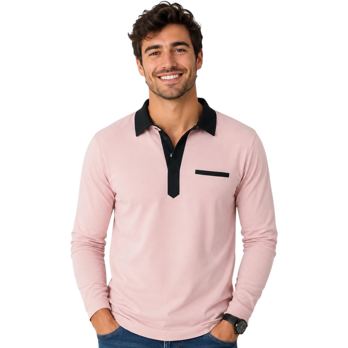 Contrast Collar Long Sleeve Button Up Polo Shirt Available in 6 Colours