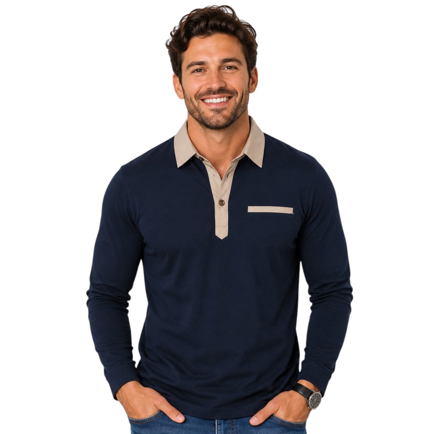 Contrast Collar Long Sleeve Button Up Polo Shirt Available in 6 Colours