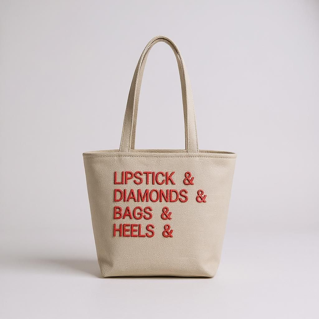 Lipstick & Diamonds & Bags & Heels Tote Bag, available in 2 embroidered colours