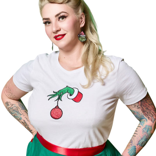 Grinch Hand with Glitter Bauble Tshirt